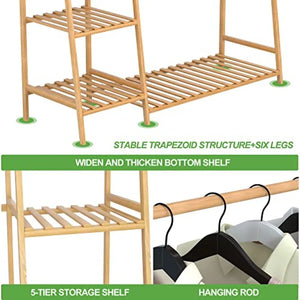 Bamboo Clothing Garment Rack, Free Standing Clothes Coat Hanger, Closet Organizer w/Shoe Rack, Multi-tiered Wardrobe Storage Sh