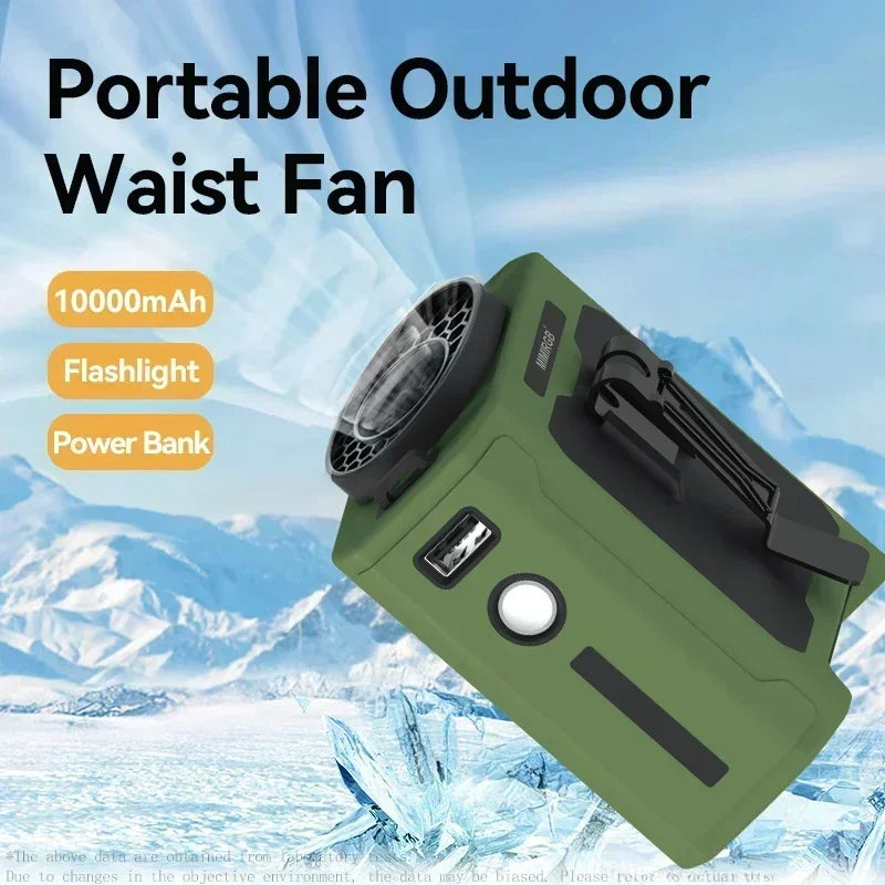 Portable Waist Fan 20000mAh Outdoor Hanging Neck Fan Rechargeable Strong Wind Waist Clip Camping Fan with Power Bank Lighting