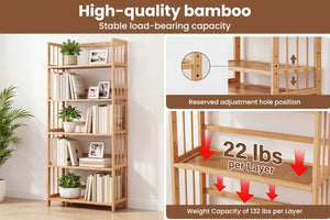 Bamboo Bookshelf with Adjustable Shelves, Narrow 4 or 5 Tier Wooden Bookcase, Natural Storage Shelf Organizer for Small Spaces, Bedroom, Living Room, Home Office, Standing Shelf