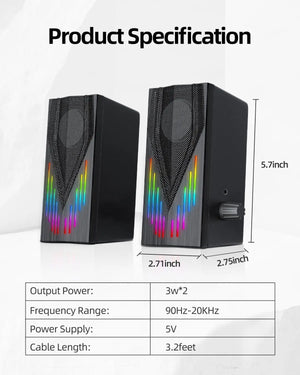 USB-Powered Computer Speakers with RGB Lights, Stereo Sound for PC/Laptop/Tablet