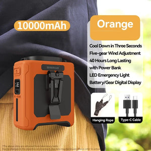 Portable Waist Fan 10000mAh with Power Bank LED Lighting Hanging Neck Fan 5 Speed Strong Airflow Cooling Fan for Outdoor Working