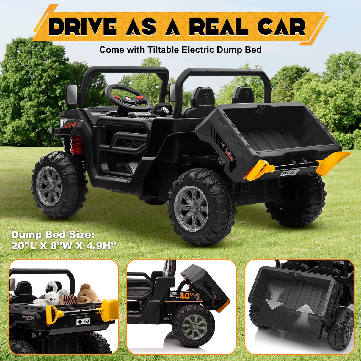24V 2-Seater Kids Ride-On Dump Truck w/ Remote Control & UTV Style