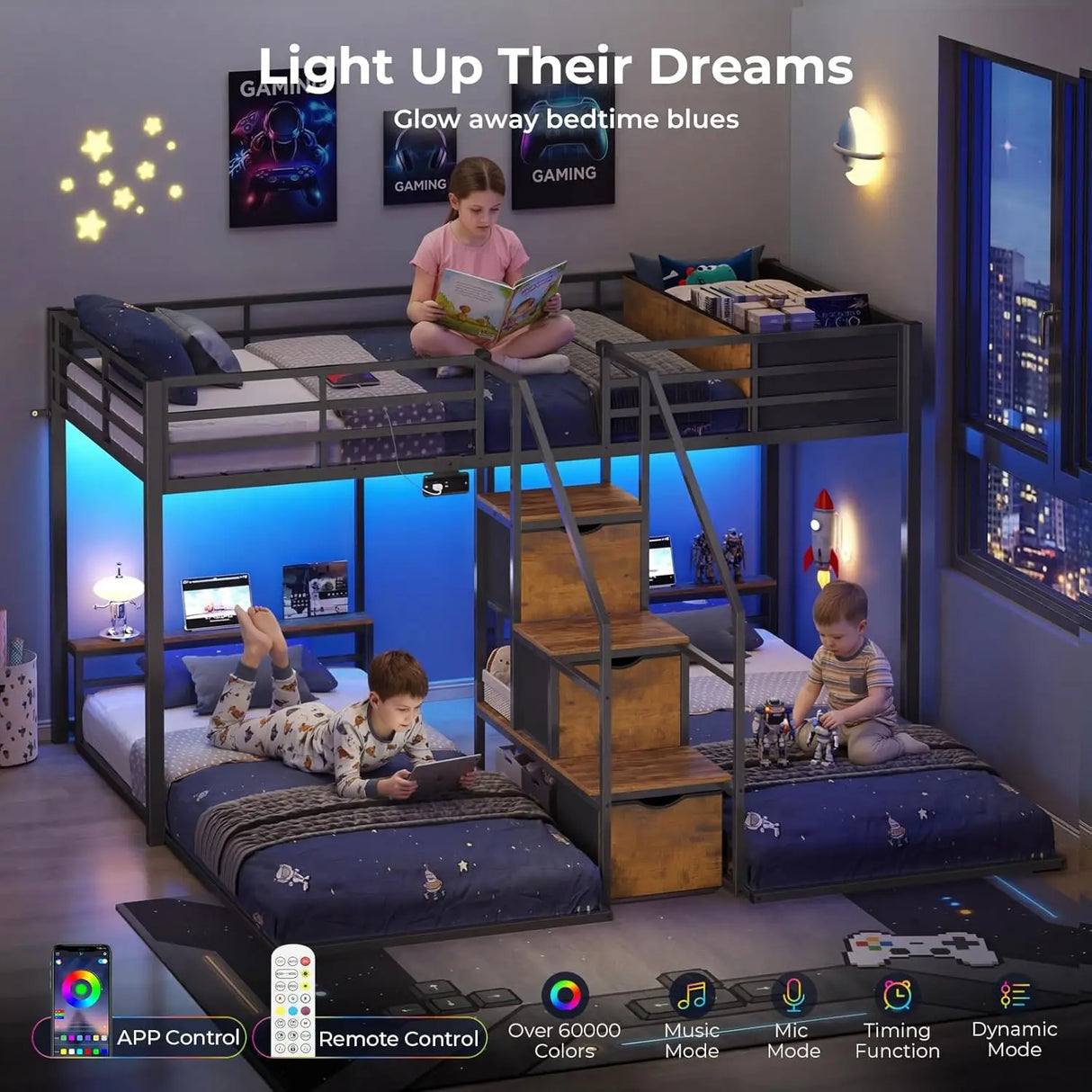 Triple Bunk Bed with Storage Staircase, RGB Lights & Charging Station, Twin Over Twin, Heavy Duty Metal 3 Bunk Beds, Customized