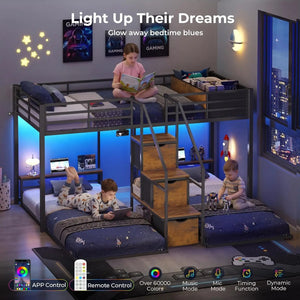 Triple Bunk Bed with Storage Staircase, RGB Lights & Charging Station, Twin Over Twin, Heavy Duty Metal 3 Bunk Beds, Customized