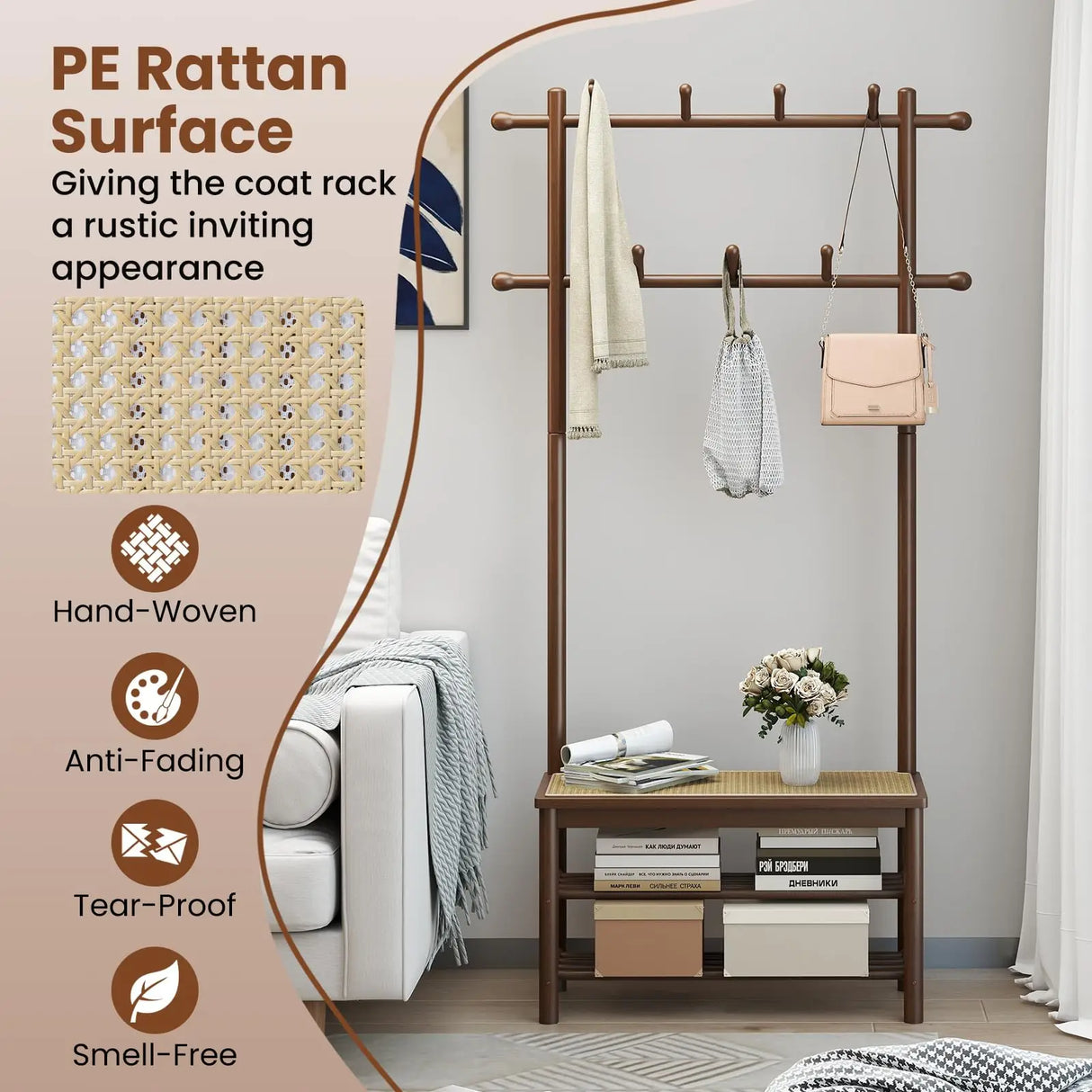 3-In-1 Hall Tree With Bench And Shoe Storage Bamboo Coat Rack Freestanding PE Rattan Seat 11 Hooks 3-Tier Shoe Organizer