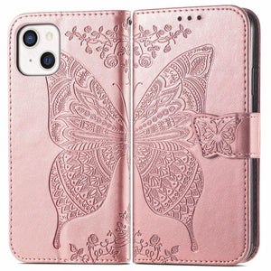 Luxury Pink Butterfly Flower Wallet Flip Case For iPhone 14 Pro Max 13 12 Classic Simple Leather Wallet Case with Card Holder Kickstand Wrist Strap Flip Cover for iPhone