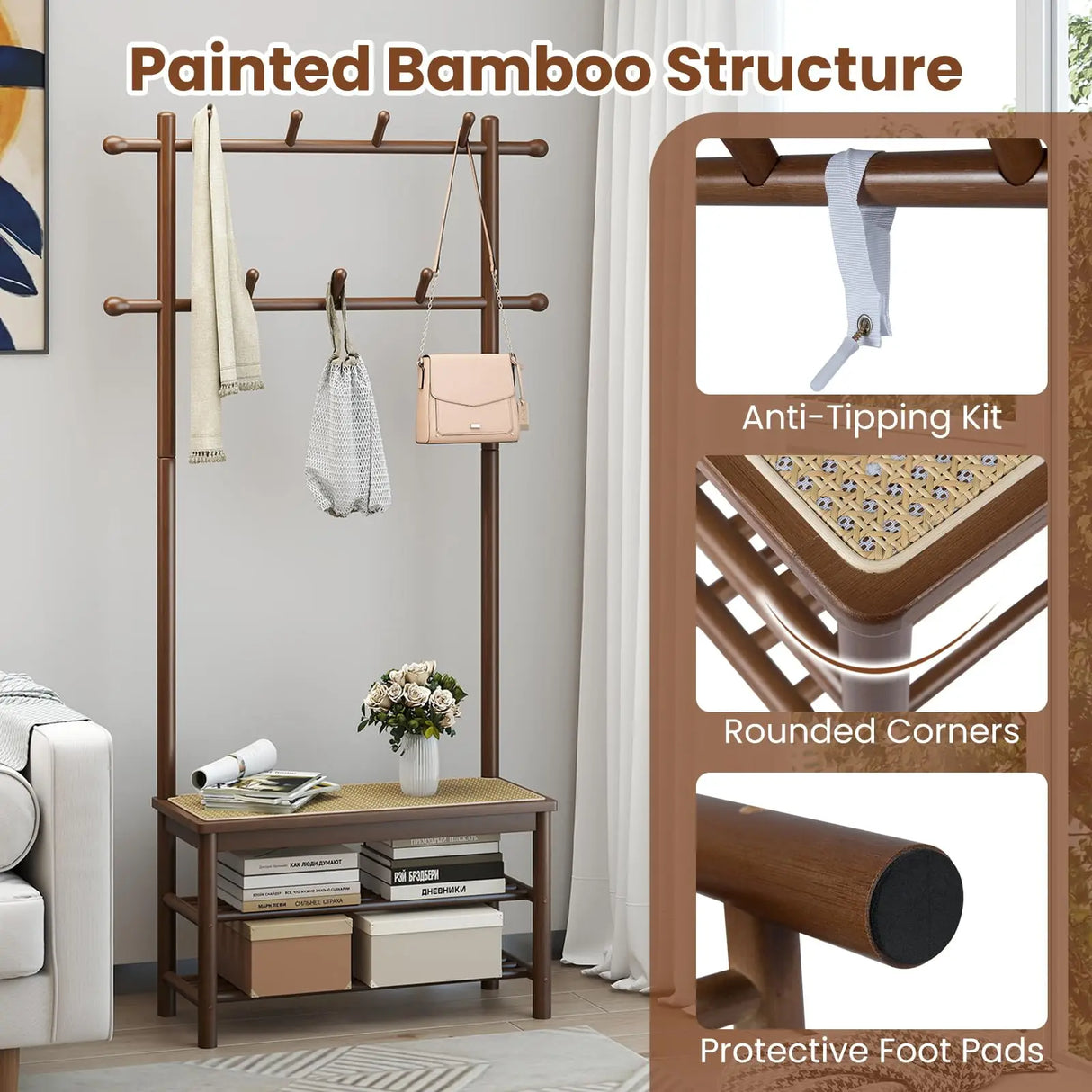 3-In-1 Hall Tree With Bench And Shoe Storage Bamboo Coat Rack Freestanding PE Rattan Seat 11 Hooks 3-Tier Shoe Organizer