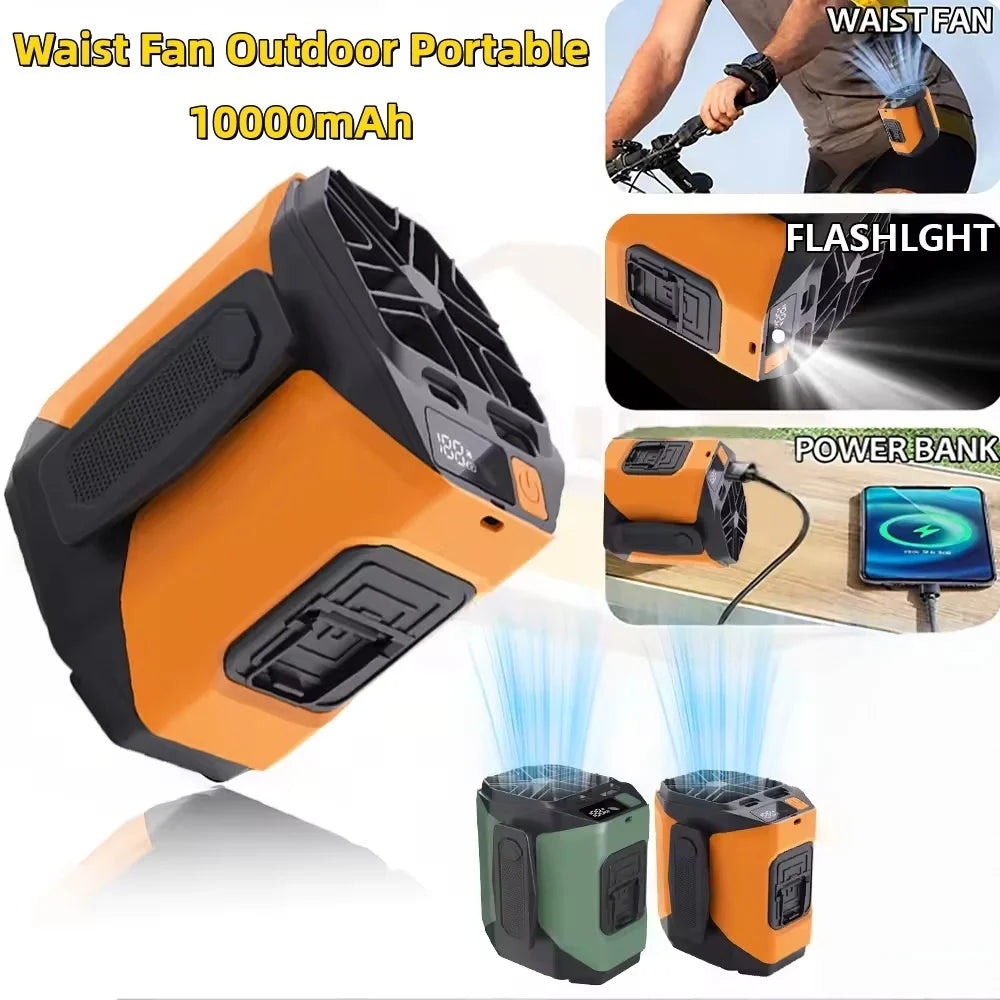 Portable Waist Fan 10000mAh with Power Bank LED Lighting Hanging Neck Fan 5 Speed Strong Airflow Cooling Fan for Outdoor Working