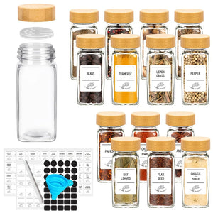 12 Glass Spice Jars with Bamboo Lids, Labels, and Funnel Set