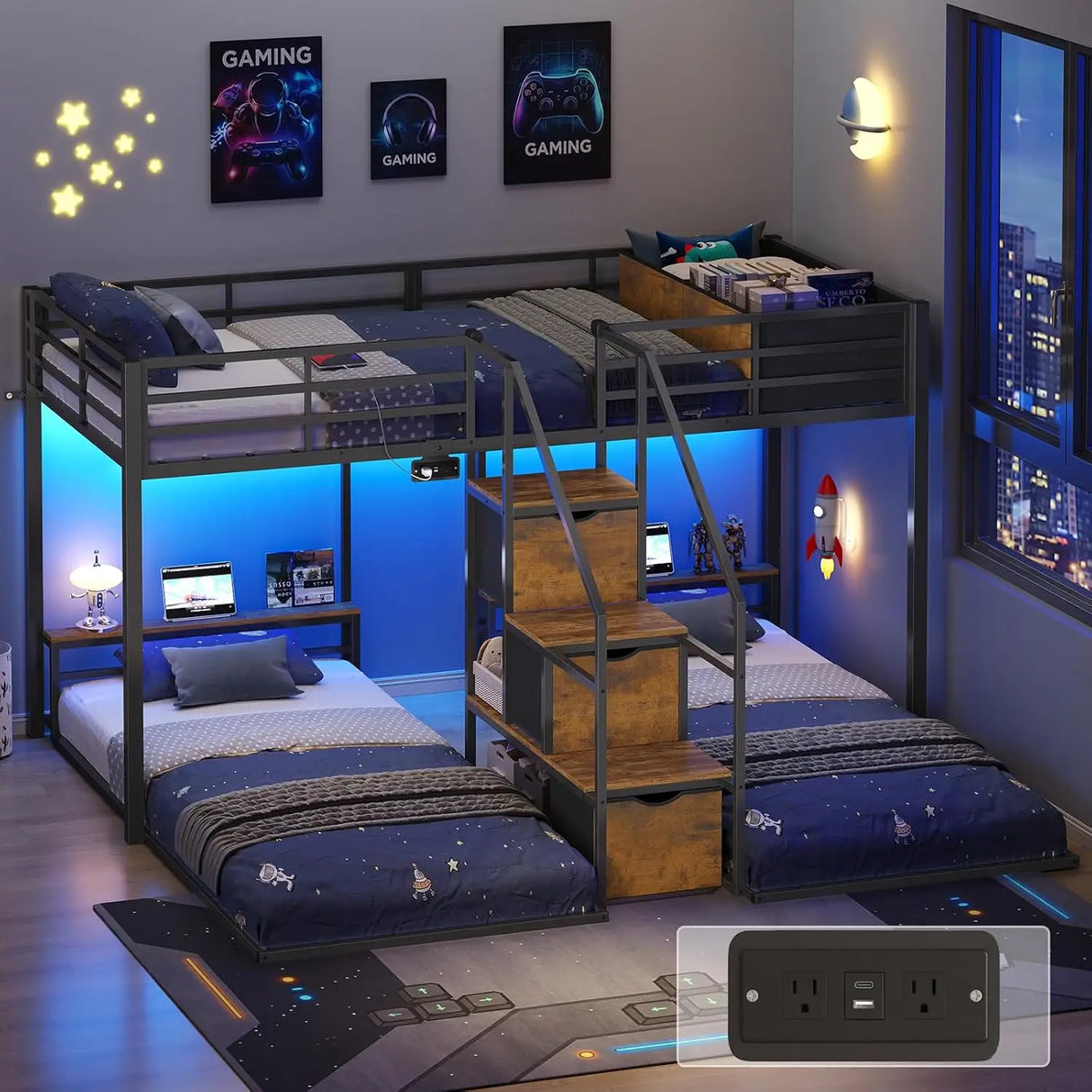 Triple Bunk Bed with Storage Staircase, RGB Lights & Charging Station, Twin Over Twin, Heavy Duty Metal 3 Bunk Beds, Customized