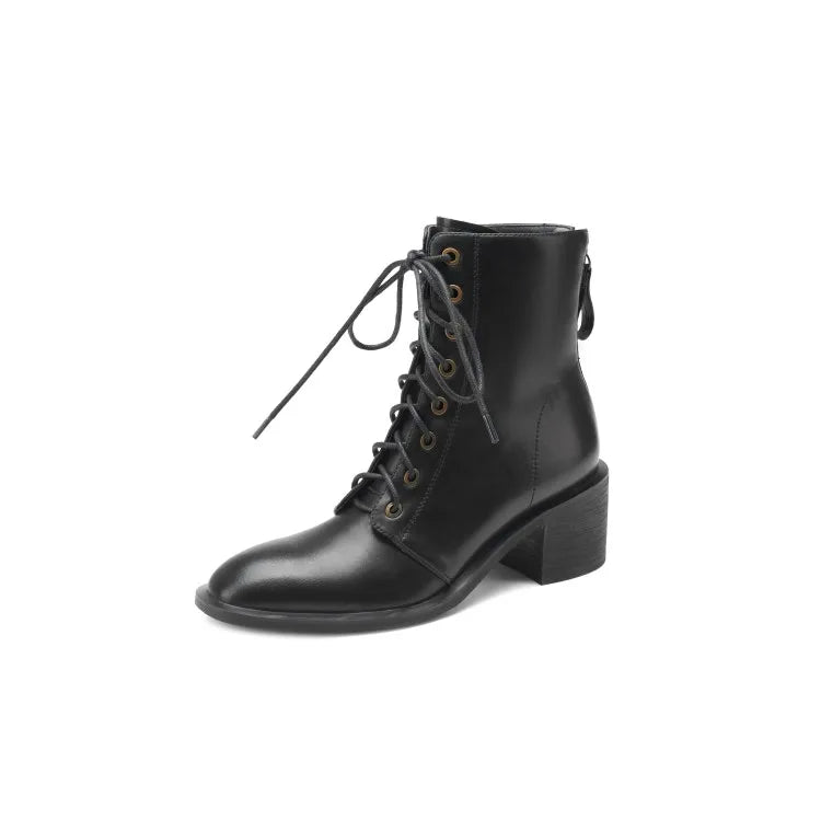 Women's Round Toe Split Leather Boots with Chunky Heels