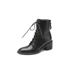 Women's Round Toe Split Leather Boots with Chunky Heels