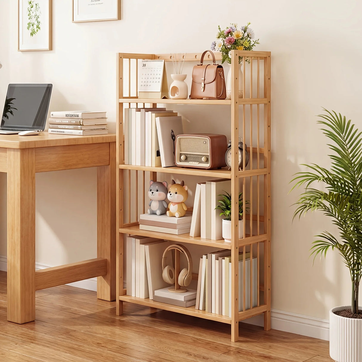 Bamboo Bookshelf with Adjustable Shelves, Narrow 4 or 5 Tier Wooden Bookcase, Natural Storage Shelf Organizer for Small Spaces, Bedroom, Living Room, Home Office, Standing Shelf