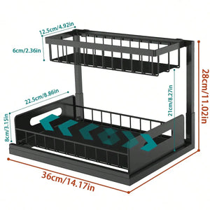 Under Sink Organizer Rack 2 Tier Under Sliding Cabinet Basket Organizer Drawer , Multi-Purpose Under Sink Storage For Bathroom Kitchen Desktop (Black)