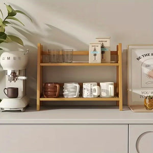 1-Piece (Small) 2-Tier Bamboo Organizer Rack – Multifunctional Storage Shelf for Kitchen, Office, or Bedroom | Arched Design, Bohemian-Style Wood Finish | Ideal for Displaying Coffee Mugs, Plants, Cosmetics, and Wine – Pr