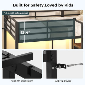 Triple Bunk Bed with Storage Staircase, RGB Lights & Charging Station, Twin Over Twin, Heavy Duty Metal 3 Bunk Beds, Customized