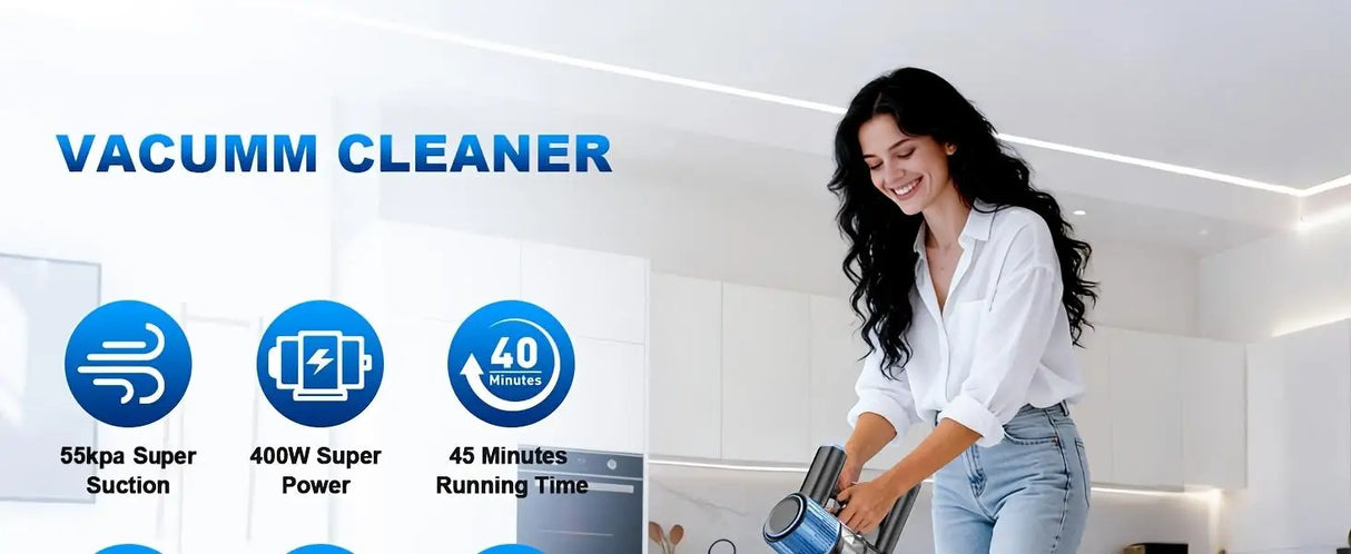 Cordless Vacuum Cleaner，55Kpa/45Mins/8 in 1 Powerful Suction,Self-Standing, 3 Suction Modes, Vacuum for Floor Carpet Pet Hair