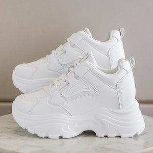 Women's White Platform Sneakers  Lace Up Thick Sole Breathable