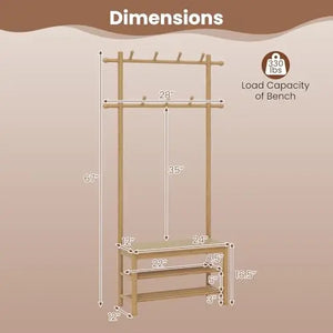 Natural Bamboo 3-in-1 Entryway Organizer: Freestanding Coat Rack With Bench, 11 Hooks, and 3-Tier Shoe Storage