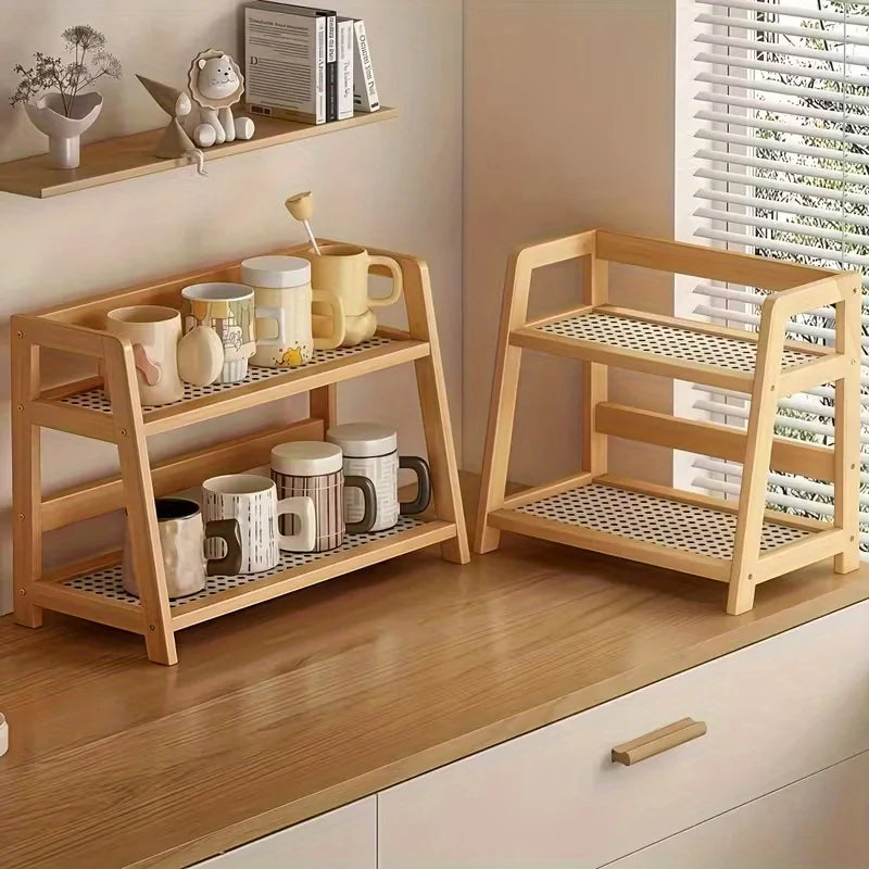 1-Piece (Small) 2-Tier Bamboo Organizer Rack – Multifunctional Storage Shelf for Kitchen, Office, or Bedroom | Arched Design, Bohemian-Style Wood Finish | Ideal for Displaying Coffee Mugs, Plants, Cosmetics, and Wine – Pr