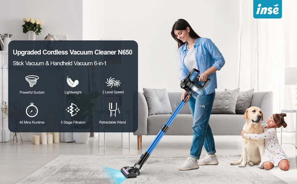 INSE N650 Cordless Vacuum Cleaner, 25Kpa Lightweight Stick Vacuum, Up to 45 Min