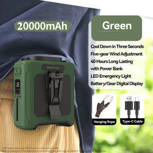 Portable Waist Fan 20000mAh Outdoor Hanging Neck Fan Rechargeable Strong Wind Waist Clip Camping Fan with Power Bank Lighting