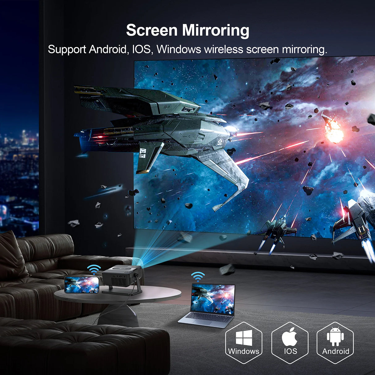 Mini Smart Projector with Native 720P Support 4K Decoding Dual WiFi 6 Wireless 5 Portable Cinema Projector for Home Theater