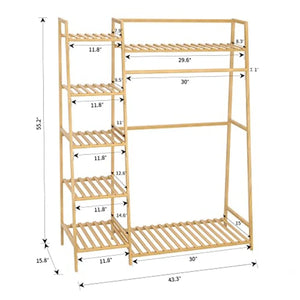 Bamboo Clothing Garment Rack, Free Standing Clothes Coat Hanger, Closet Organizer w/Shoe Rack, Multi-tiered Wardrobe Storage Sh