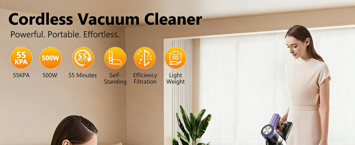Cordless Vacuum Cleaner, 55Kpa/55Mins Vacuum Cleaners for Home, Anti-tangle Stick Vacuum with Self-Standing, Wall Mount Charging