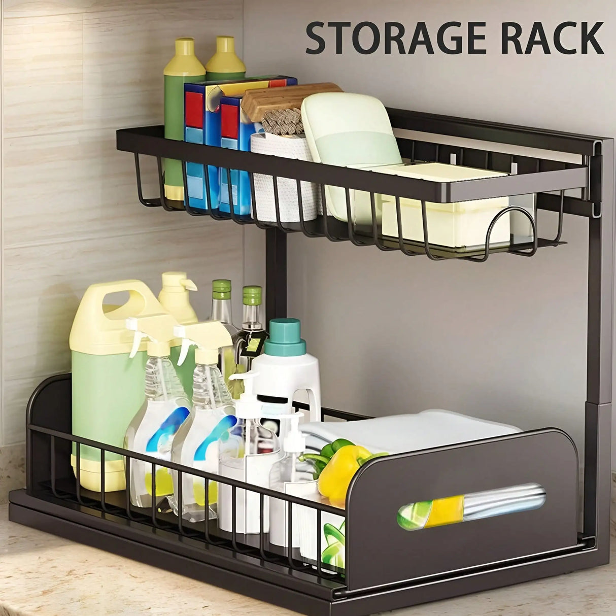 Under Sink Organizer Rack 2 Tier Under Sliding Cabinet Basket Organizer Drawer , Multi-Purpose Under Sink Storage For Bathroom Kitchen Desktop (Black)