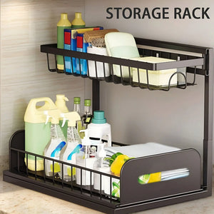 Under Sink Organizer Rack 2 Tier Under Sliding Cabinet Basket Organizer Drawer , Multi-Purpose Under Sink Storage For Bathroom Kitchen Desktop (Black)