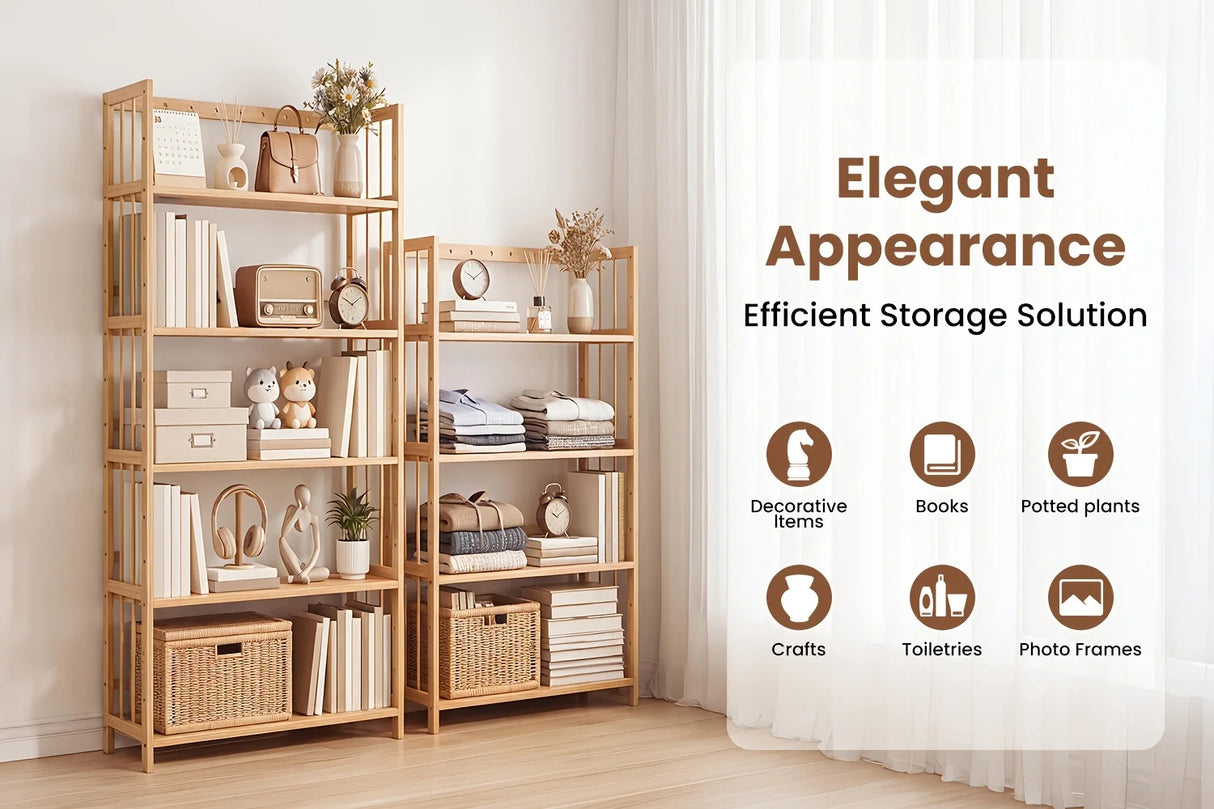 Bamboo Bookshelf with Adjustable Shelves, Narrow 4 or 5 Tier Wooden Bookcase, Natural Storage Shelf Organizer for Small Spaces, Bedroom, Living Room, Home Office, Standing Shelf