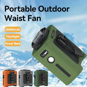 Portable Waist Fan 20000mAh Outdoor Hanging Neck Fan Rechargeable Strong Wind Waist Clip Camping Fan with Power Bank Lighting