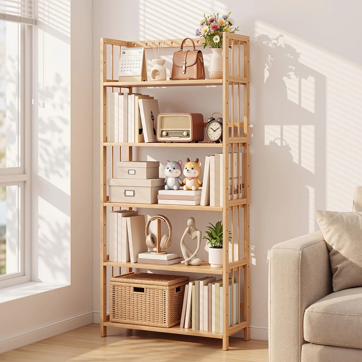 Bamboo Bookshelf with Adjustable Shelves, Narrow 4 or 5 Tier Wooden Bookcase, Natural Storage Shelf Organizer for Small Spaces, Bedroom, Living Room, Home Office, Standing Shelf