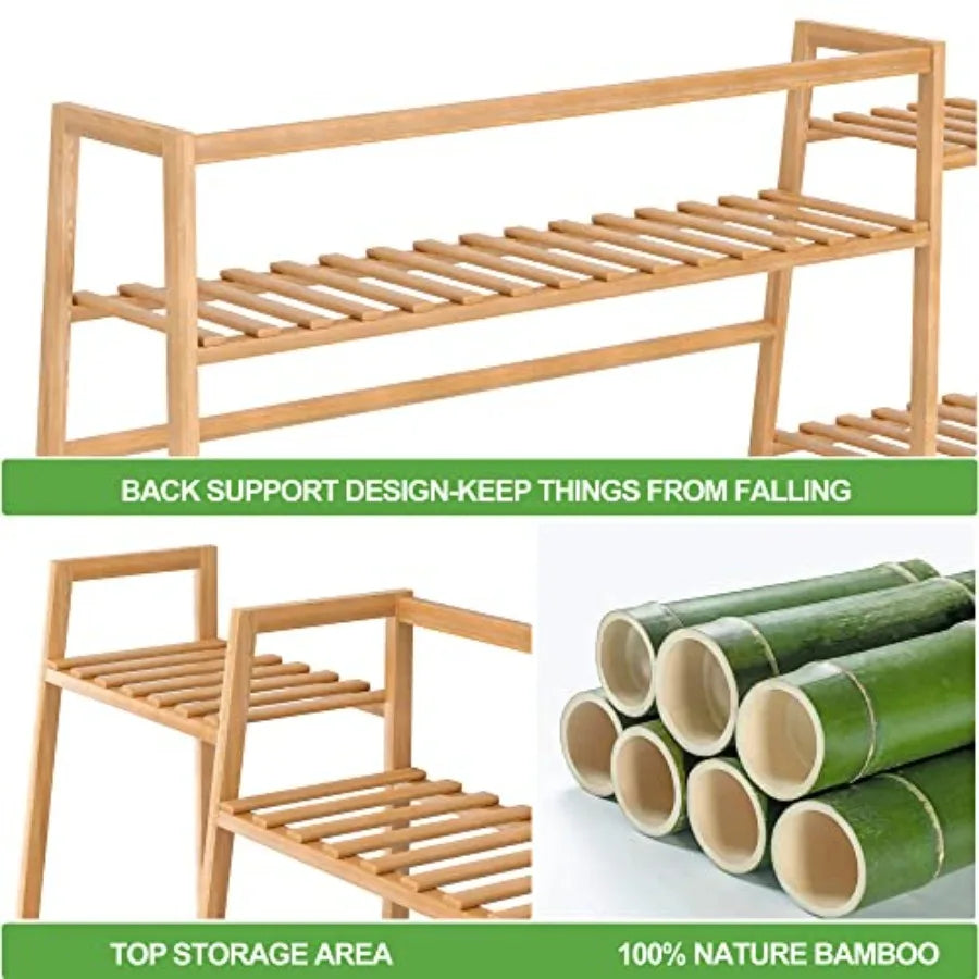 Bamboo Clothing Garment Rack, Free Standing Clothes Coat Hanger, Closet Organizer w/Shoe Rack, Multi-tiered Wardrobe Storage Sh