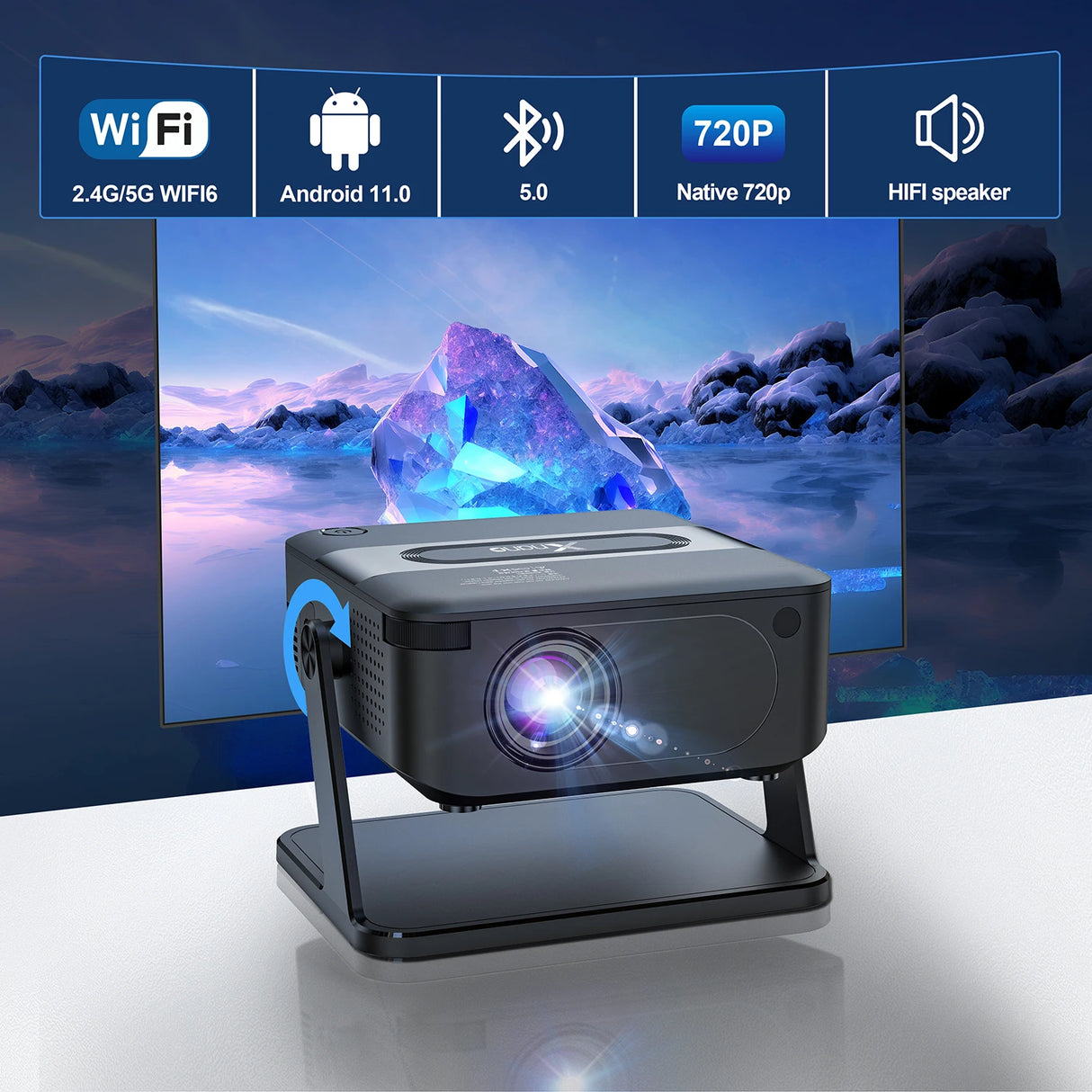 Mini Smart Projector with Native 720P Support 4K Decoding Dual WiFi 6 Wireless 5 Portable Cinema Projector for Home Theater