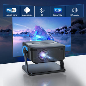 Mini Smart Projector with Native 720P Support 4K Decoding Dual WiFi 6 Wireless 5 Portable Cinema Projector for Home Theater