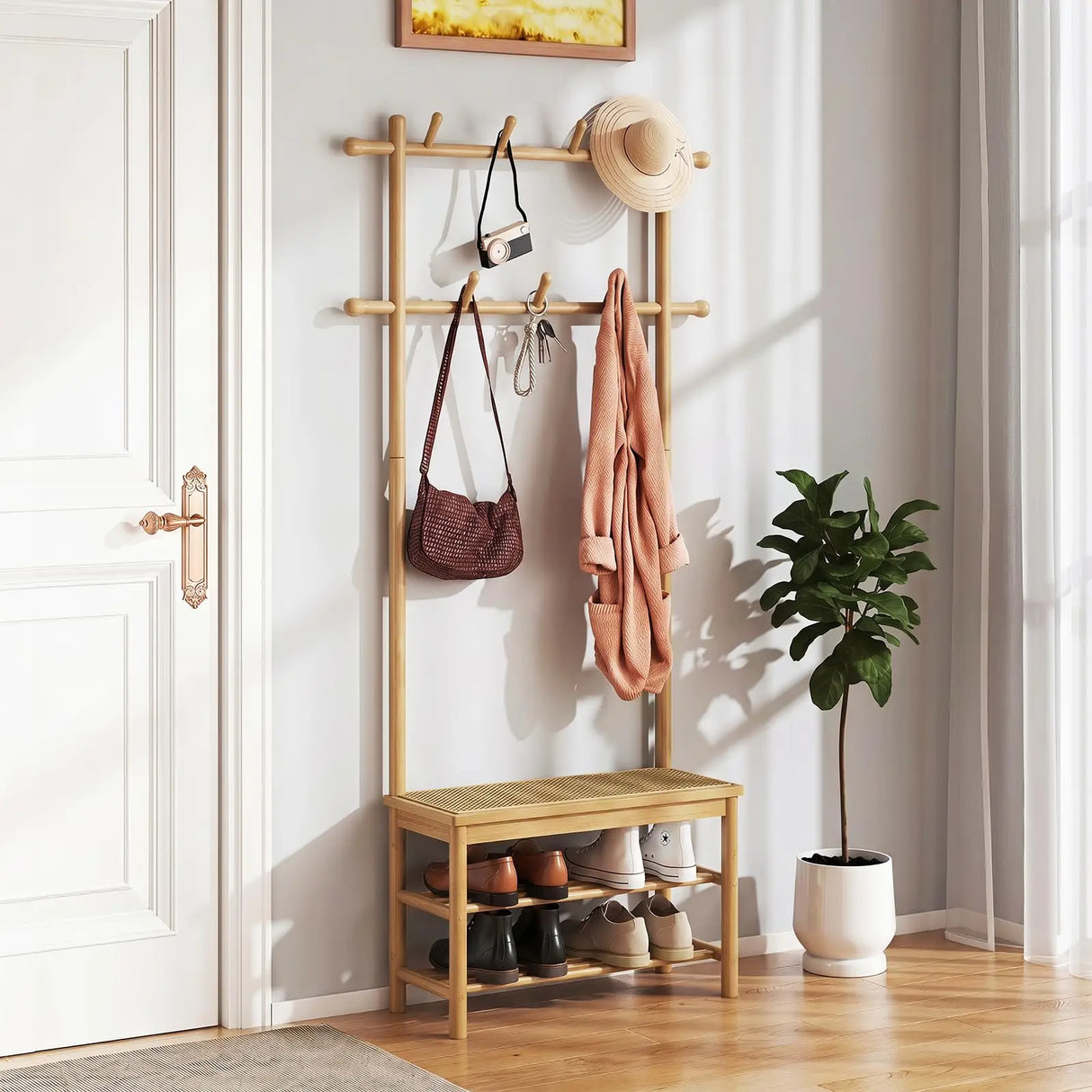 Natural Bamboo 3-in-1 Entryway Organizer: Freestanding Coat Rack With Bench, 11 Hooks, and 3-Tier Shoe Storage