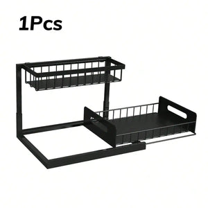 Under Sink Organizer Rack 2 Tier Under Sliding Cabinet Basket Organizer Drawer , Multi-Purpose Under Sink Storage For Bathroom Kitchen Desktop (Black)