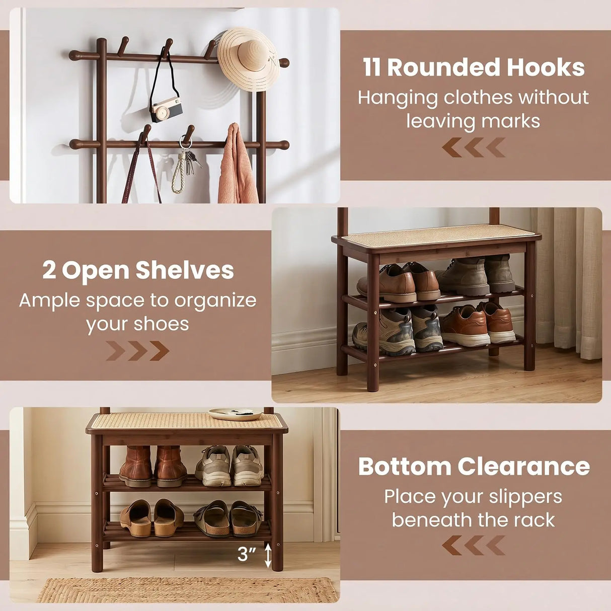 3-In-1 Hall Tree With Bench And Shoe Storage Bamboo Coat Rack Freestanding PE Rattan Seat 11 Hooks 3-Tier Shoe Organizer