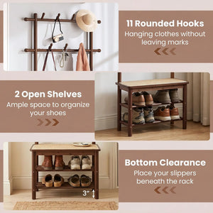 3-In-1 Hall Tree With Bench And Shoe Storage Bamboo Coat Rack Freestanding PE Rattan Seat 11 Hooks 3-Tier Shoe Organizer