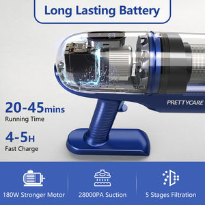 PrettyCare P1 Cordless Vacuum Cleaner 45 Mins 28Kpa Powerful Stick Vacuum with Brushless Motor LED Touch Display