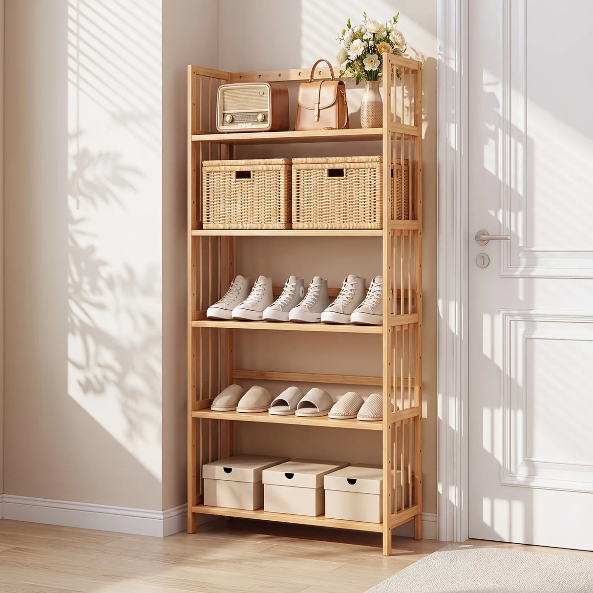 Bamboo Bookshelf with Adjustable Shelves, Narrow 4 or 5 Tier Wooden Bookcase, Natural Storage Shelf Organizer for Small Spaces, Bedroom, Living Room, Home Office, Standing Shelf