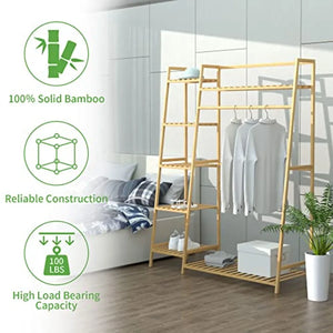 Bamboo Clothing Garment Rack, Free Standing Clothes Coat Hanger, Closet Organizer w/Shoe Rack, Multi-tiered Wardrobe Storage Sh