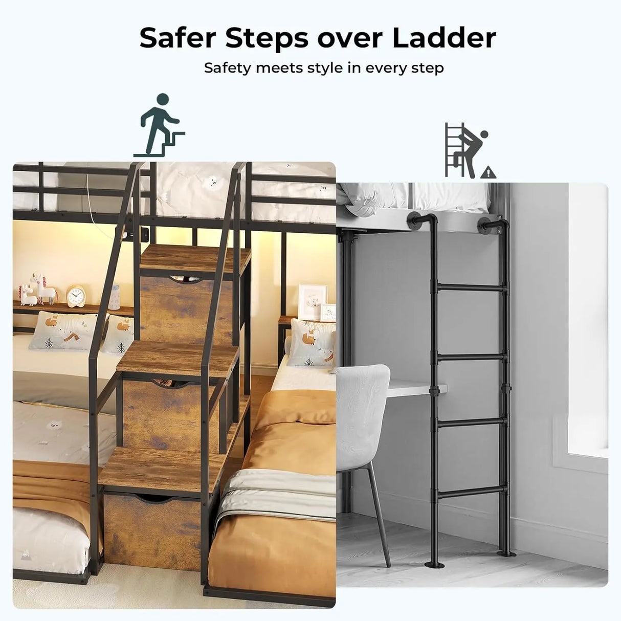 Triple Bunk Bed with Storage Staircase, RGB Lights & Charging Station, Twin Over Twin, Heavy Duty Metal 3 Bunk Beds, Customized