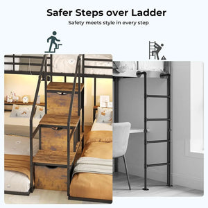 Triple Bunk Bed with Storage Staircase, RGB Lights & Charging Station, Twin Over Twin, Heavy Duty Metal 3 Bunk Beds, Customized