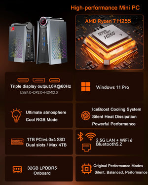 KAMRUI Mini Gaming PC AMD Ryzen7 H255 32GB LPDDR5 1TB M.2 PCIe SSD Wifi6E BT5.2 2.5GLAN Radeon 780M 8K Win11pro Desktop Computer