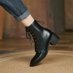 Women's Round Toe Split Leather Boots with Chunky Heels