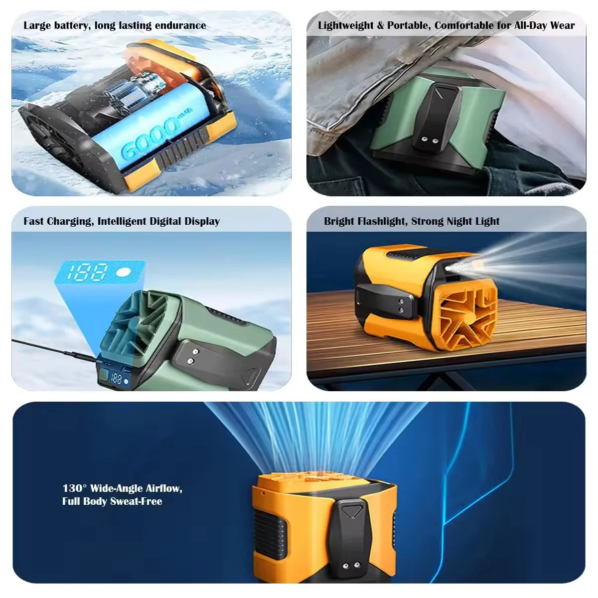 Portable Waist Fan 10000mAh with Power Bank LED Lighting Hanging Neck Fan 5 Speed Strong Airflow Cooling Fan for Outdoor Working