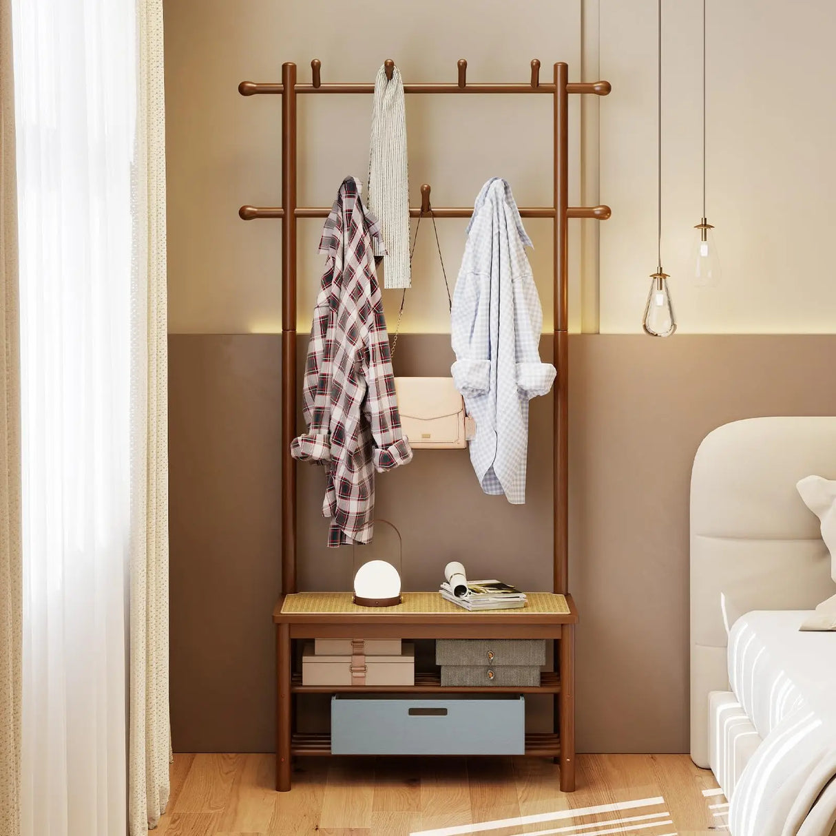 3-In-1 Hall Tree With Bench And Shoe Storage Bamboo Coat Rack Freestanding PE Rattan Seat 11 Hooks 3-Tier Shoe Organizer